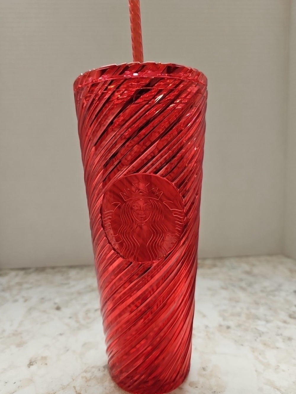 Starbucks Red Swirled Glass Tumbler with Embossed Logo